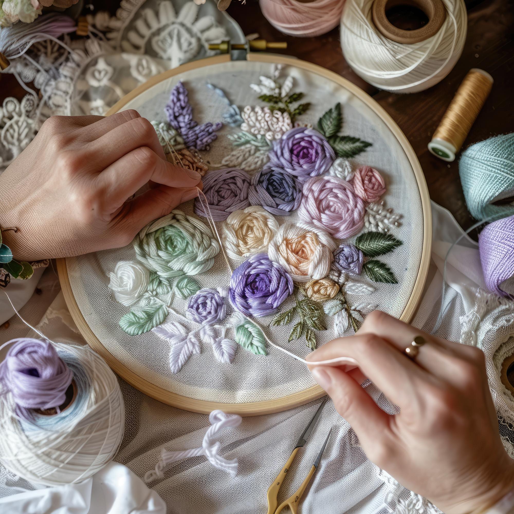 Hands stitching a modern floral motif on hoop